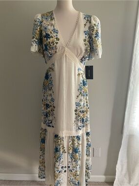 Taylor Blue Floral Cottagecore Puff Sleeve Lace Trim Prairie Midi Dress 10
